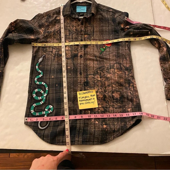 Handmade Boho Flannel Shirt Floral Stencil Bleached Plaid Womens XS Small Snake - Picture 7 of 9